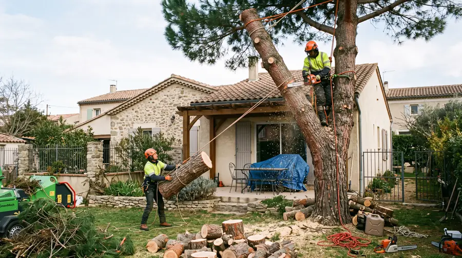 Abattage par cordage d'un grand pin avec deux techniciens équipés - Élagueur professionnel à Carcassonne