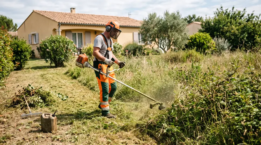 Débroussaillage d'un terrain en friche à la débroussailleuse thermique - Élagueur professionnel à Carcassonne