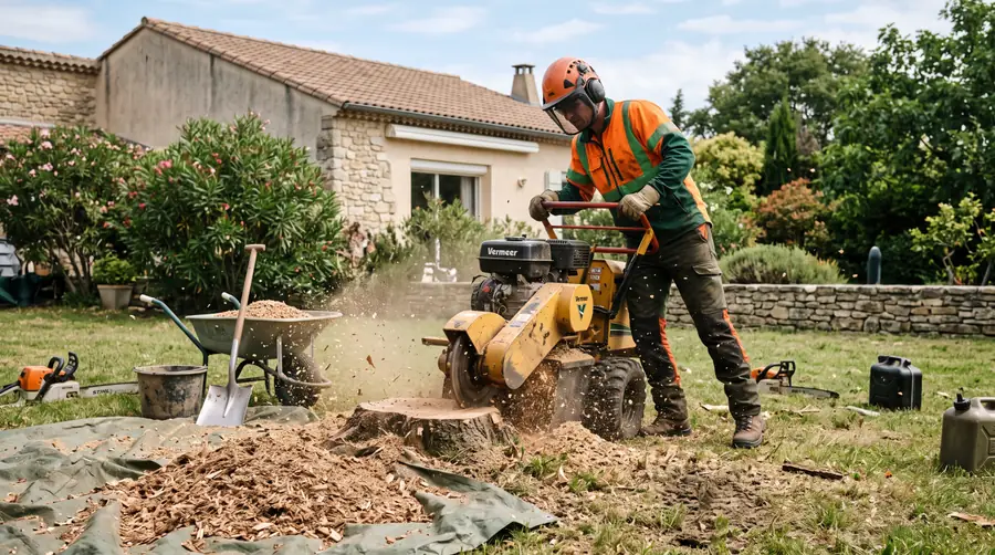 Fraisage mécanique d'une souche avec fraiseuse Vermeer dans un jardin - Élagueur professionnel à Carcassonne