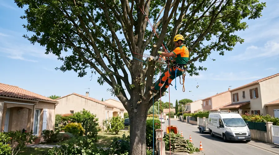 Arboriste en grimpe avec tronçonneuse dans un grand arbre - Élagueur professionnel à Carcassonne