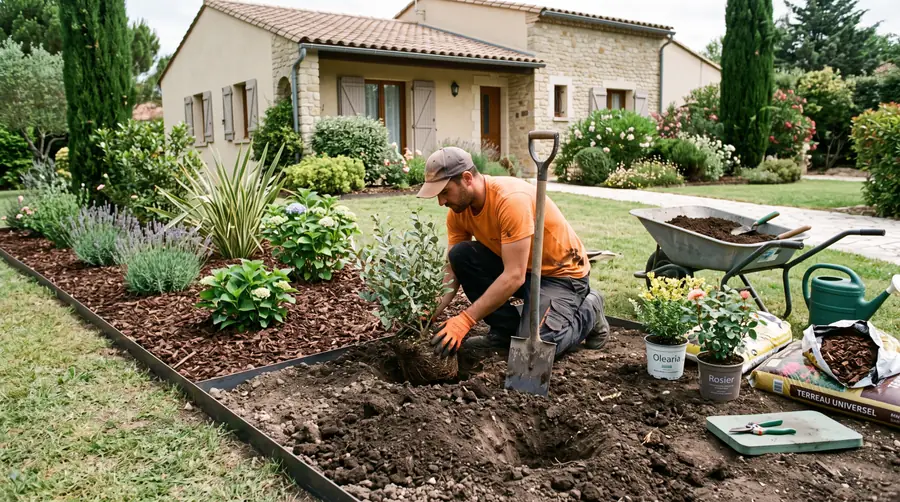 Plantation et entretien d'un massif de jardin par un paysagiste - Élagueur professionnel à Carcassonne