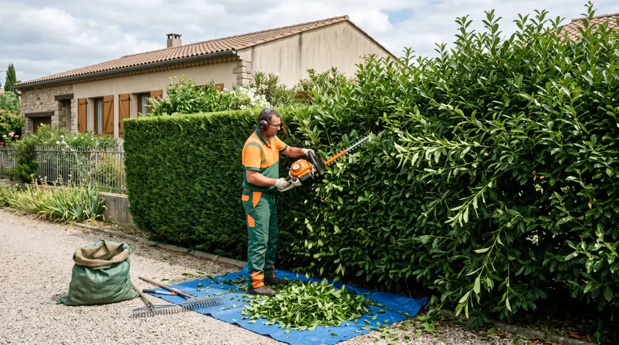 Taille d'une grande haie au taille-haie thermique par un professionnel - Élagueur professionnel à Carcassonne